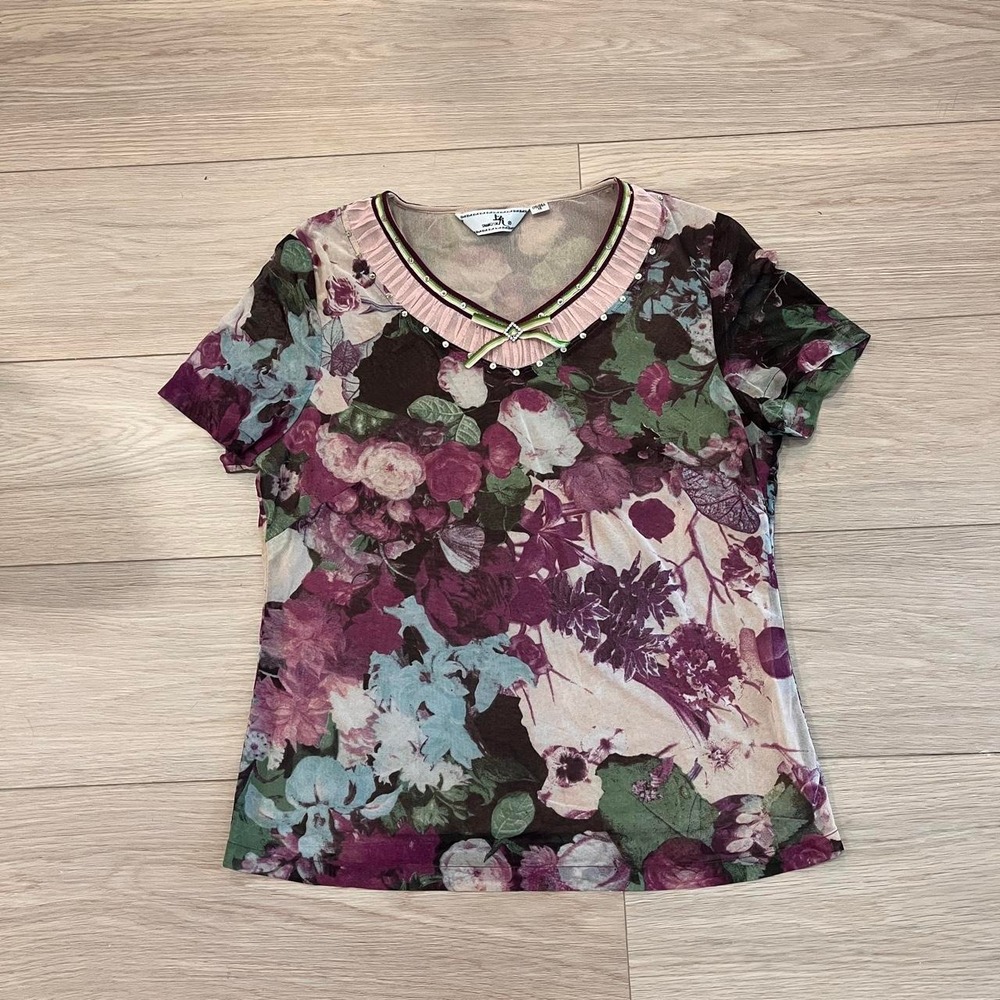 Y2K Floral Mesh Fairycore Top Size Women M Coquette Whimsygoth Rhinestone Bow